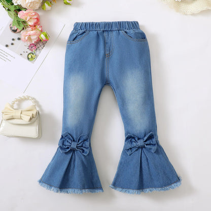 Kucnuzki Toddler Kids Girls Clothes Short Sleeve Shirt Top Flare Denim Jeans 2 Piece Outfits For Girls Cute Clothing Set