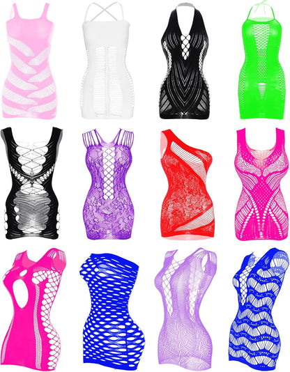 12 Pcs Women's Fishnet Mesh Bodysuit Cover-up Dress, Sheer Lace Beachwear, Club Wear, Party Outfit