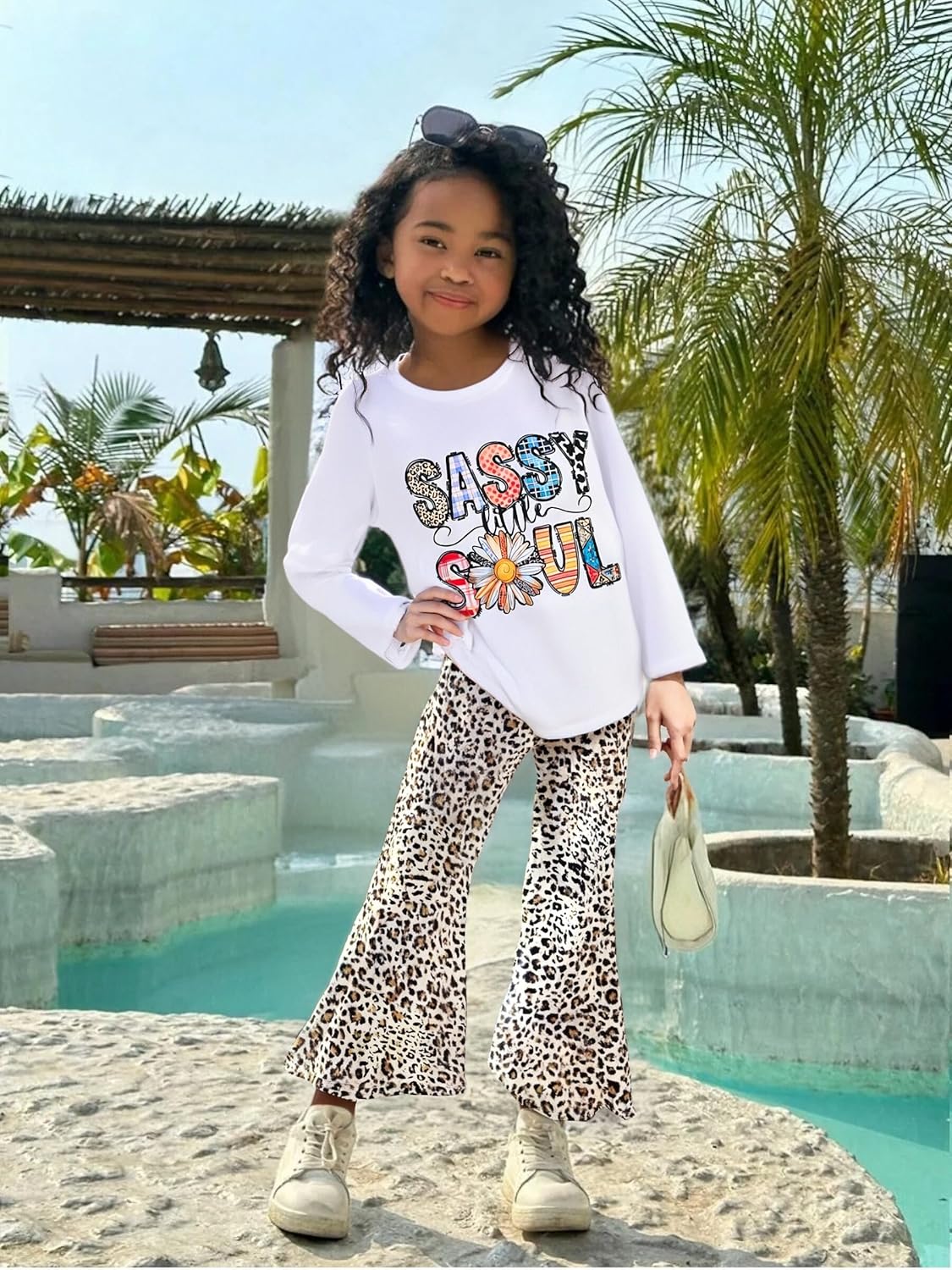 Toddler Girl Clothes Long Sleeve Cartoon & Letter Graphic Top + Fruit Stationery Print Flared Leg Pants