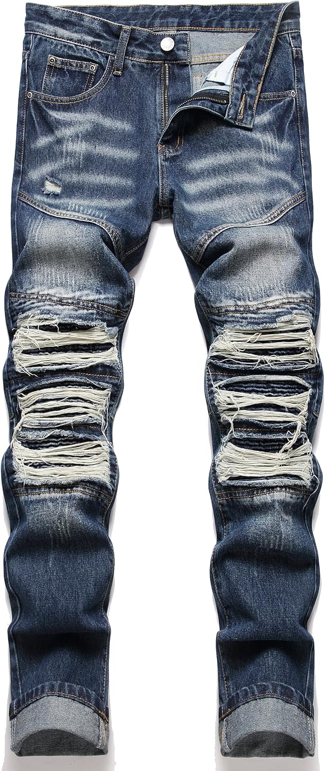 RXXKKK Men's Classic Zipper Biker Regular Fit Flex Jean