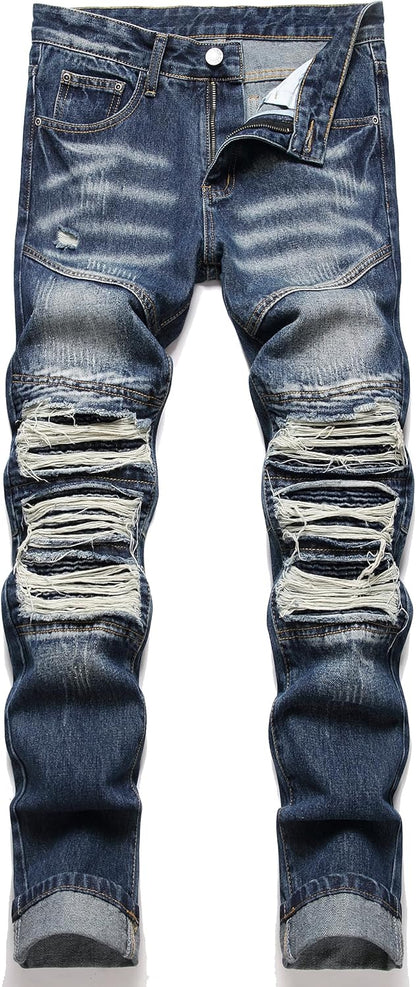 RXXKKK Men's Classic Zipper Biker Regular Fit Flex Jean