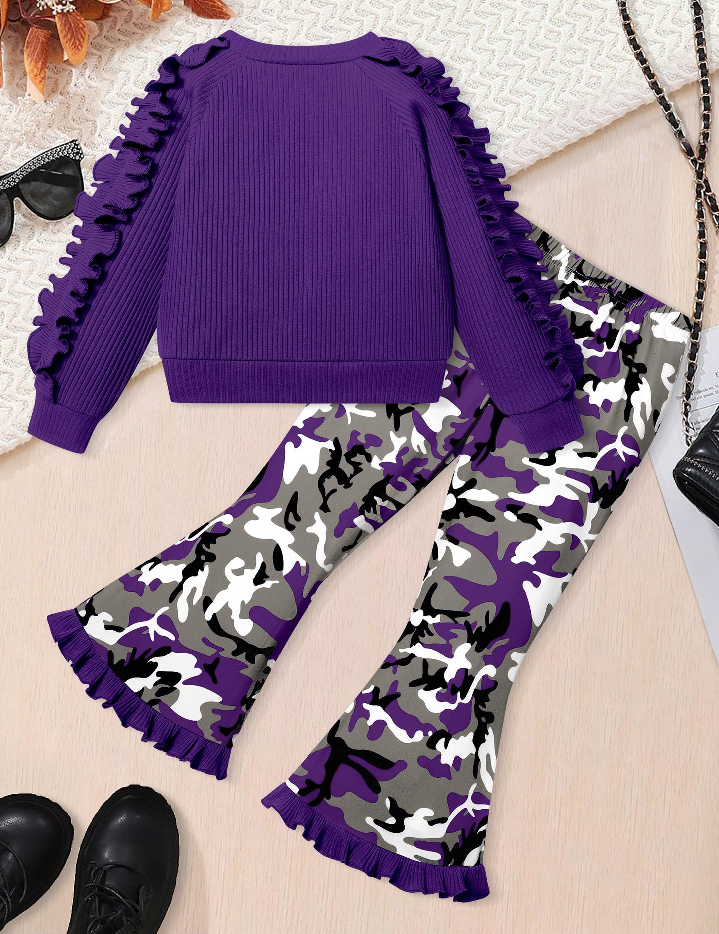 Toddler Girl Clothes Camo Girls Outfits Ruffle Sleeve Tops + Bell Bottom Flared Pants 2 Piece Winter Sweatsuit 2-10T