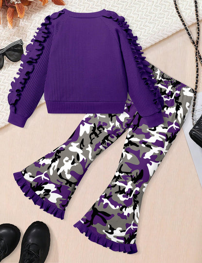 Toddler Girl Clothes Camo Girls Outfits Ruffle Sleeve Tops + Bell Bottom Flared Pants 2 Piece Winter Sweatsuit 2-10T