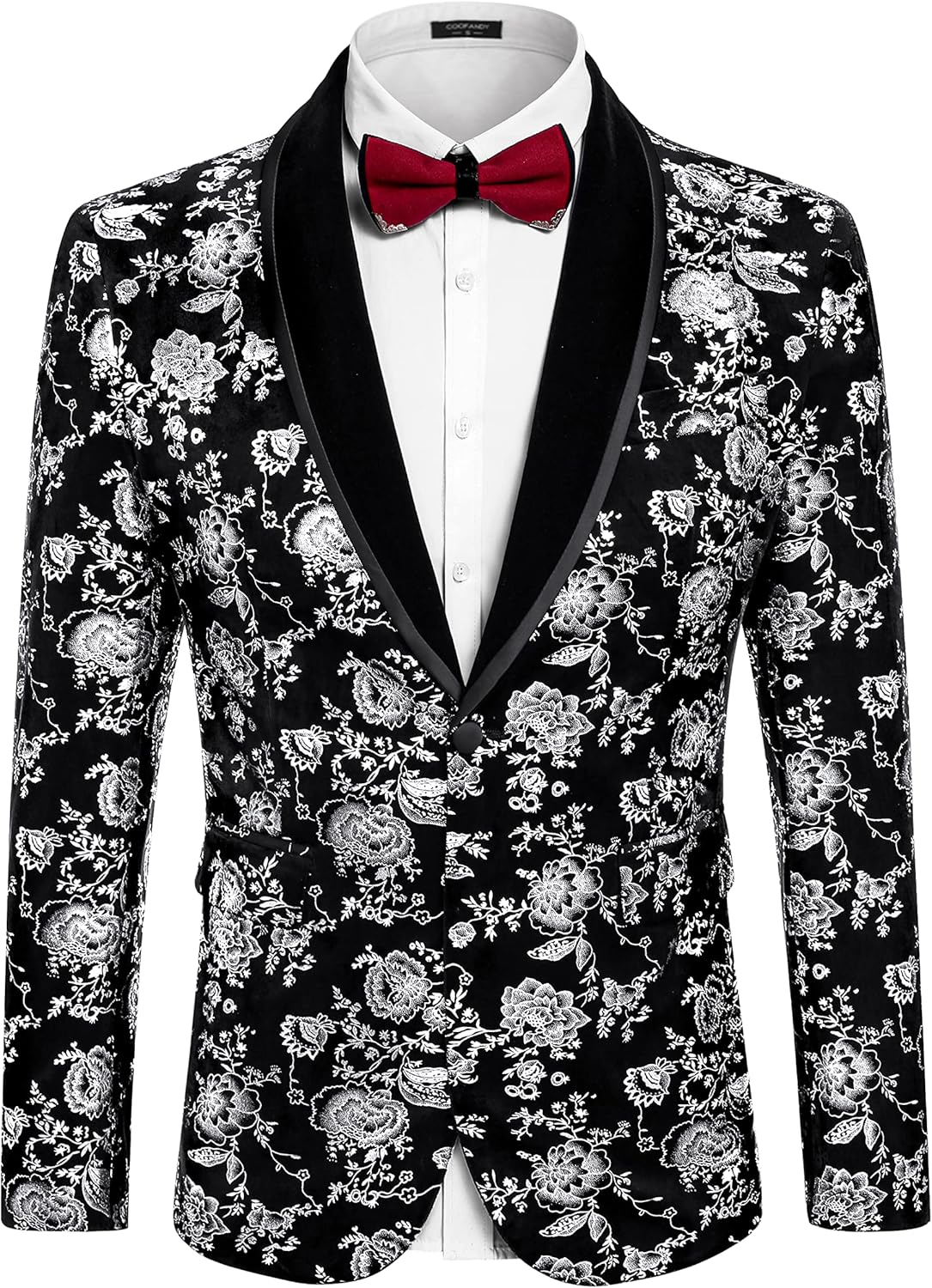 COOFANDY Men's Velvet Tuxedo Floral Blazer Jacket One Button Shawl Lapel Suit Jacket for Dinner Prom Party Wedding