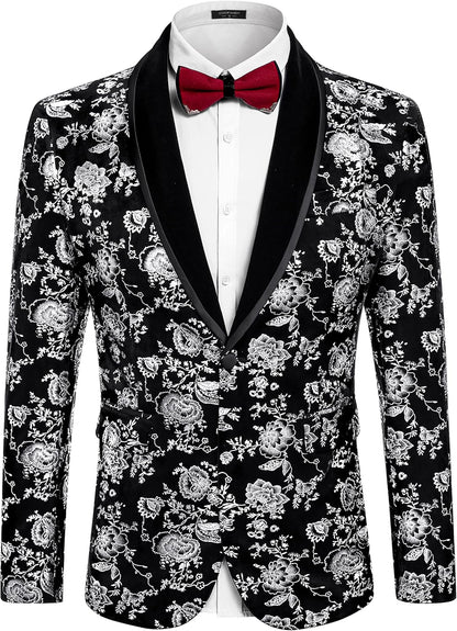 COOFANDY Men's Velvet Tuxedo Floral Blazer Jacket One Button Shawl Lapel Suit Jacket for Dinner Prom Party Wedding
