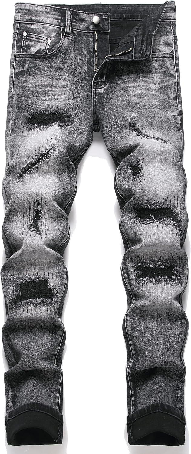 OIIIO Men's Patch Ripped Stretch Regular Fit Jean