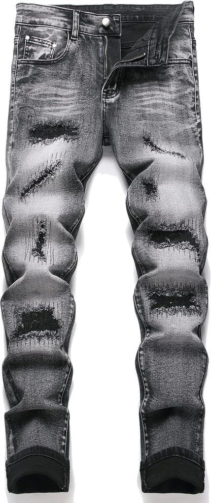 OIIIO Men's Patch Ripped Stretch Regular Fit Jean