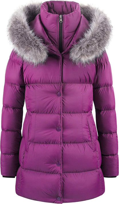 CREATMO US Women's Winter Snow Jacket Long Fur Puffer Coat With Removable Faux Fur Trim