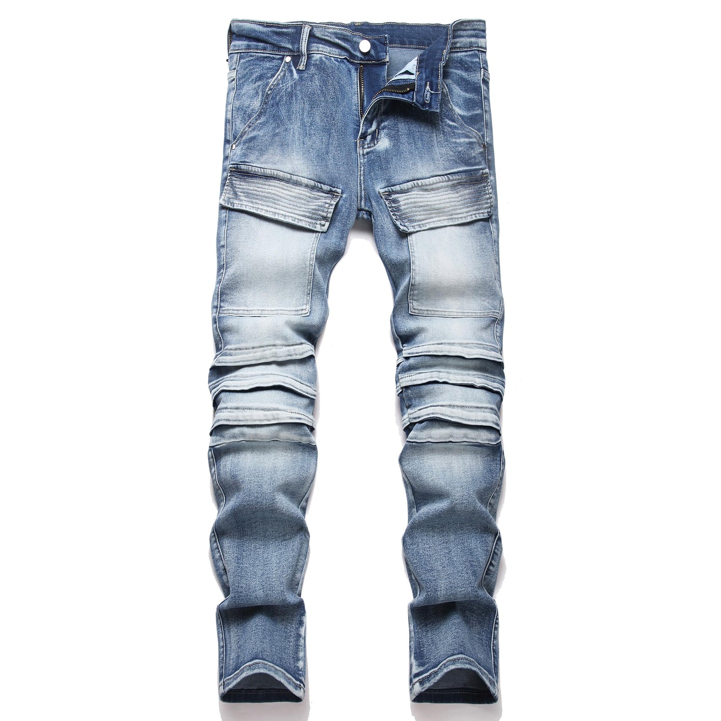 XIMXIMMTIAN Men's Biker Moto Washed Distressed Slim Fit Straight Jeans Denim