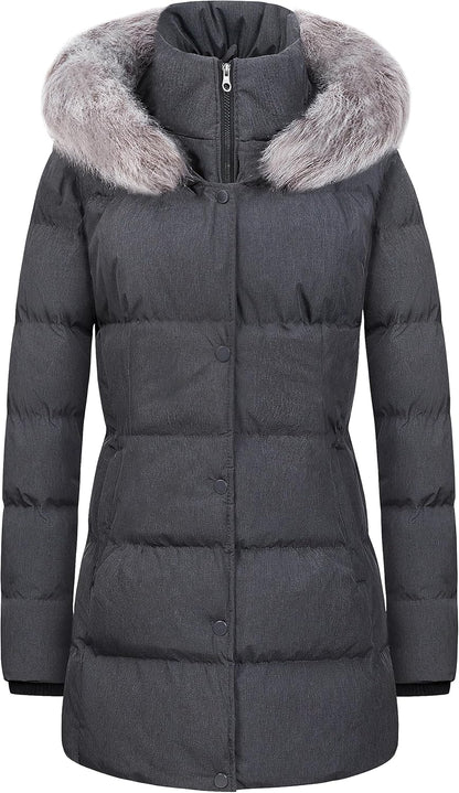 CREATMO US Women's Winter Snow Jacket Long Fur Puffer Coat With Removable Faux Fur Trim