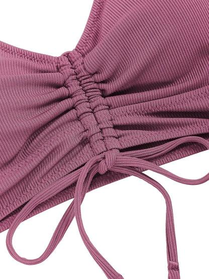 ZAFUL Women V Neck Bikini Set Ruched Tie Front High Waisted Floral Print Ribbed 2 Piece Bathing Suit Swimsuits