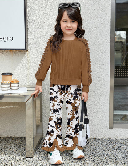Toddler Girl Clothes Camo Girls Outfits Ruffle Sleeve Tops + Bell Bottom Flared Pants 2 Piece Winter Sweatsuit 2-10T