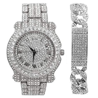 Charles Raymond Bling-ed Out Silver Round Luxury Mens Watch w/Bling-ed Out Bracelet - L0504B