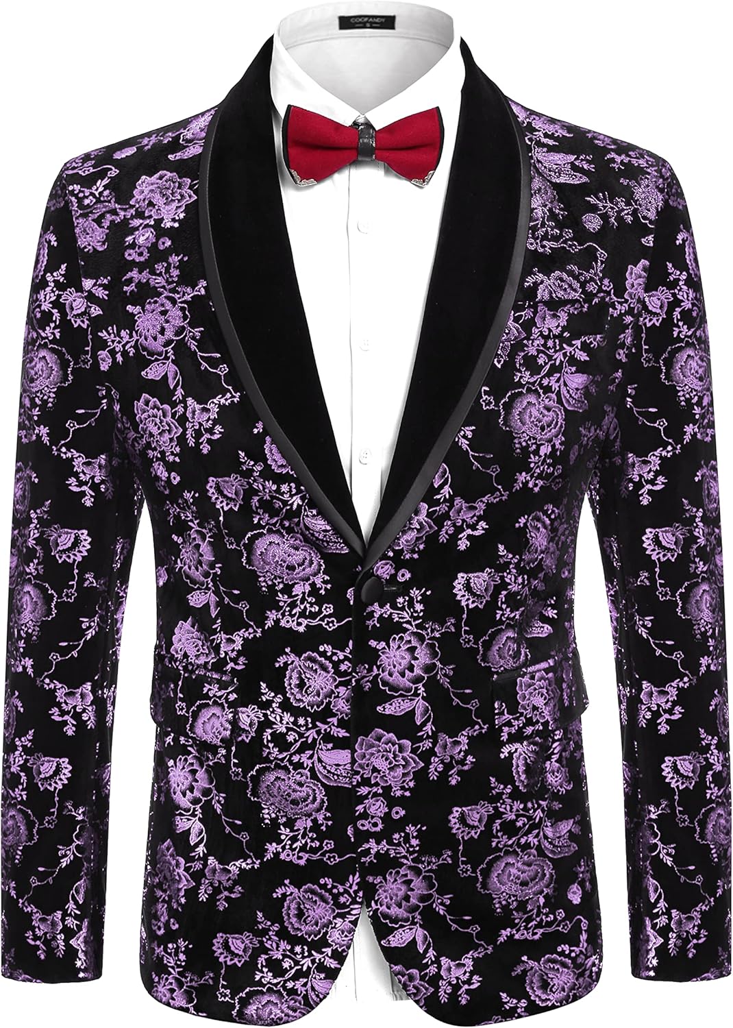 COOFANDY Men's Velvet Tuxedo Floral Blazer Jacket One Button Shawl Lapel Suit Jacket for Dinner Prom Party Wedding