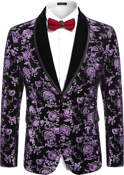 COOFANDY Men's Velvet Tuxedo Floral Blazer Jacket One Button Shawl Lapel Suit Jacket for Dinner Prom Party Wedding