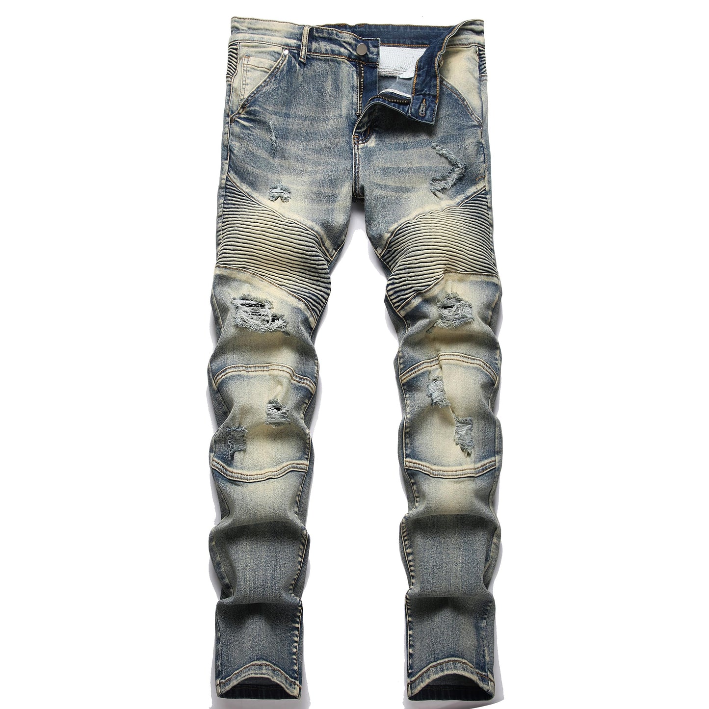 XIMXIMMTIAN Men's Biker Moto Washed Distressed Slim Fit Straight Jeans Denim