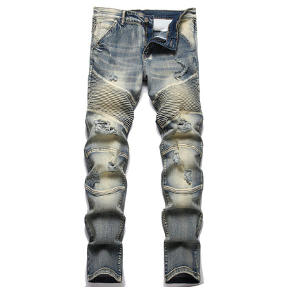 XIMXIMMTIAN Men's Biker Moto Washed Distressed Slim Fit Straight Jeans Denim