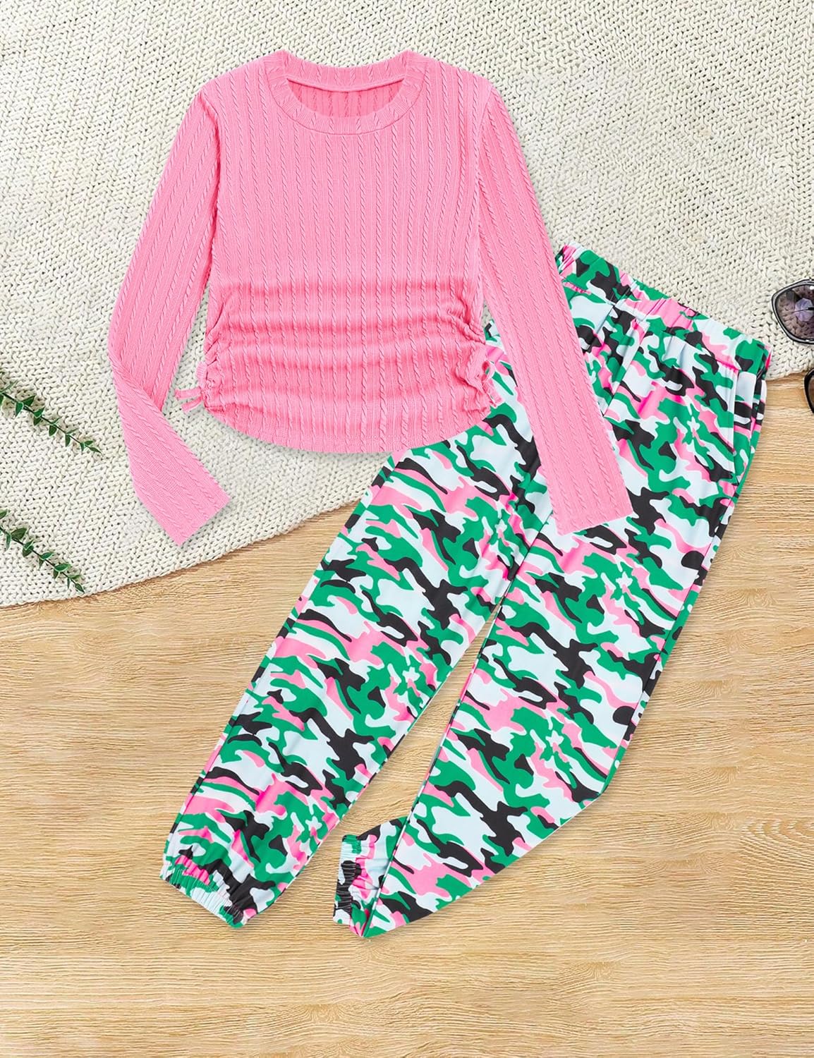 Girls' Clothing Sets Ribbed Knit Crewneck T-Shirt & Camo Print Elastic Waist Pants Girls Clothes Size 6-16Y