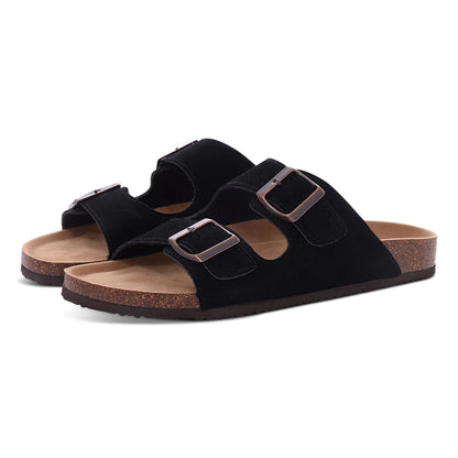 Comwarm Fashion Women's Suede Mules Slippers Men Clogs Cork Insole Sandals With Arch Support Outdoor Beach Slides Home Shoes