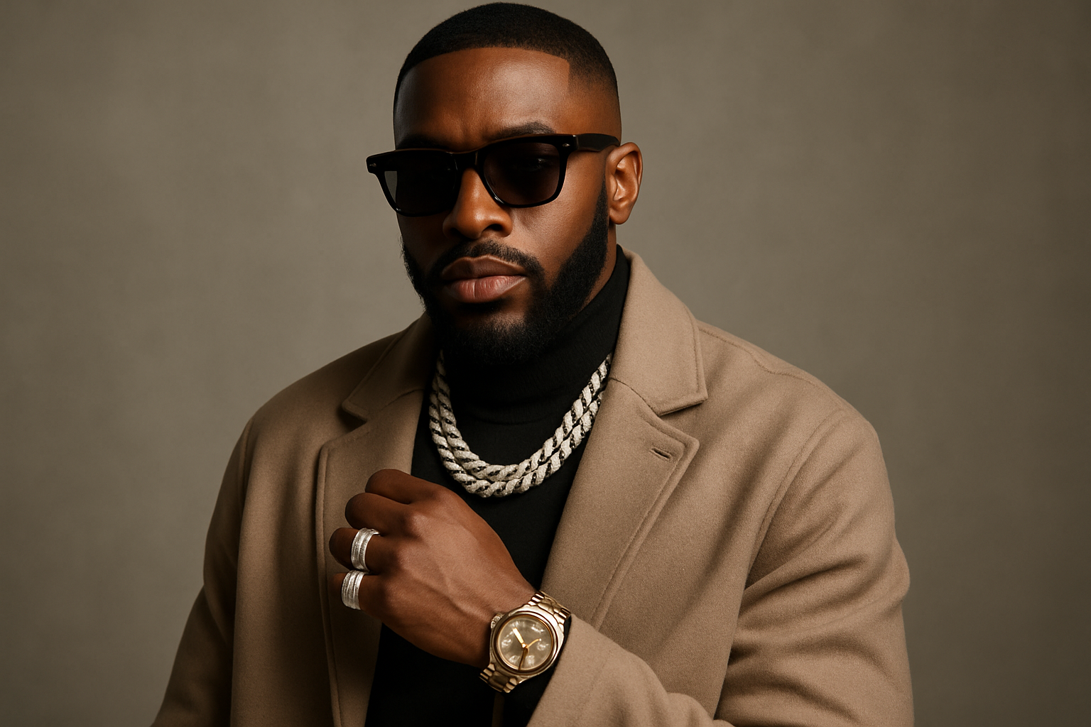 Black man with designer jewelry on in a fashionable outfit 